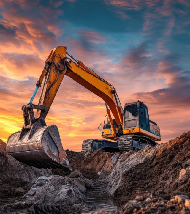 an excavator digging a hole onsite, in the style of color gradients, light indigo and dark amber, richly colored skies, meticulous attention to detail, iso 200, suspended/hanging, digitally enhanced --ar 38:25 --v 6 Job ID: 1e2efcb6-cf7e-4d49-8602-0e0fbd638112