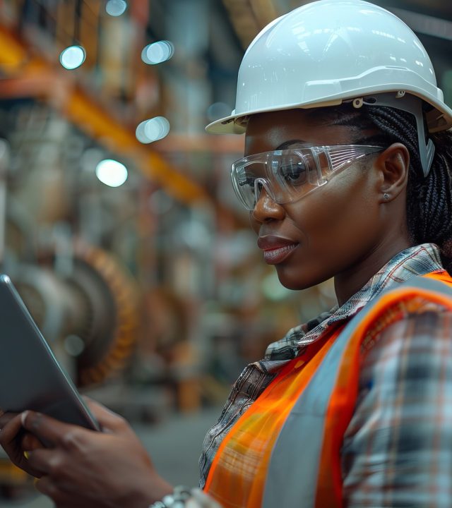 A confident plus-size Black engineer in her 50s, with a white hard hat and safety vest, is standing on a partially constructed building, examining a digital tablet. She is deeply focused, with the structure's skeleton and workers visible around her. The image is taken from a side angle, highlighting her focus and the detailed work around her --ar 3:2 --stylize 1000 Job ID: 98cfa2a3-e0df-4964-9936-79b16bc8e27e